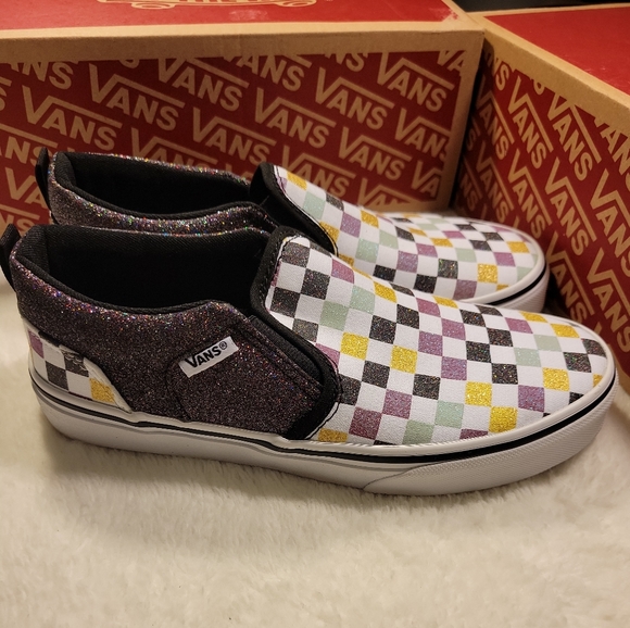 NEW Vans Asher Glitter Checkerboard Slip-On Low Top Sneakers Missy Girls Size 4 - Picture 4 of 9